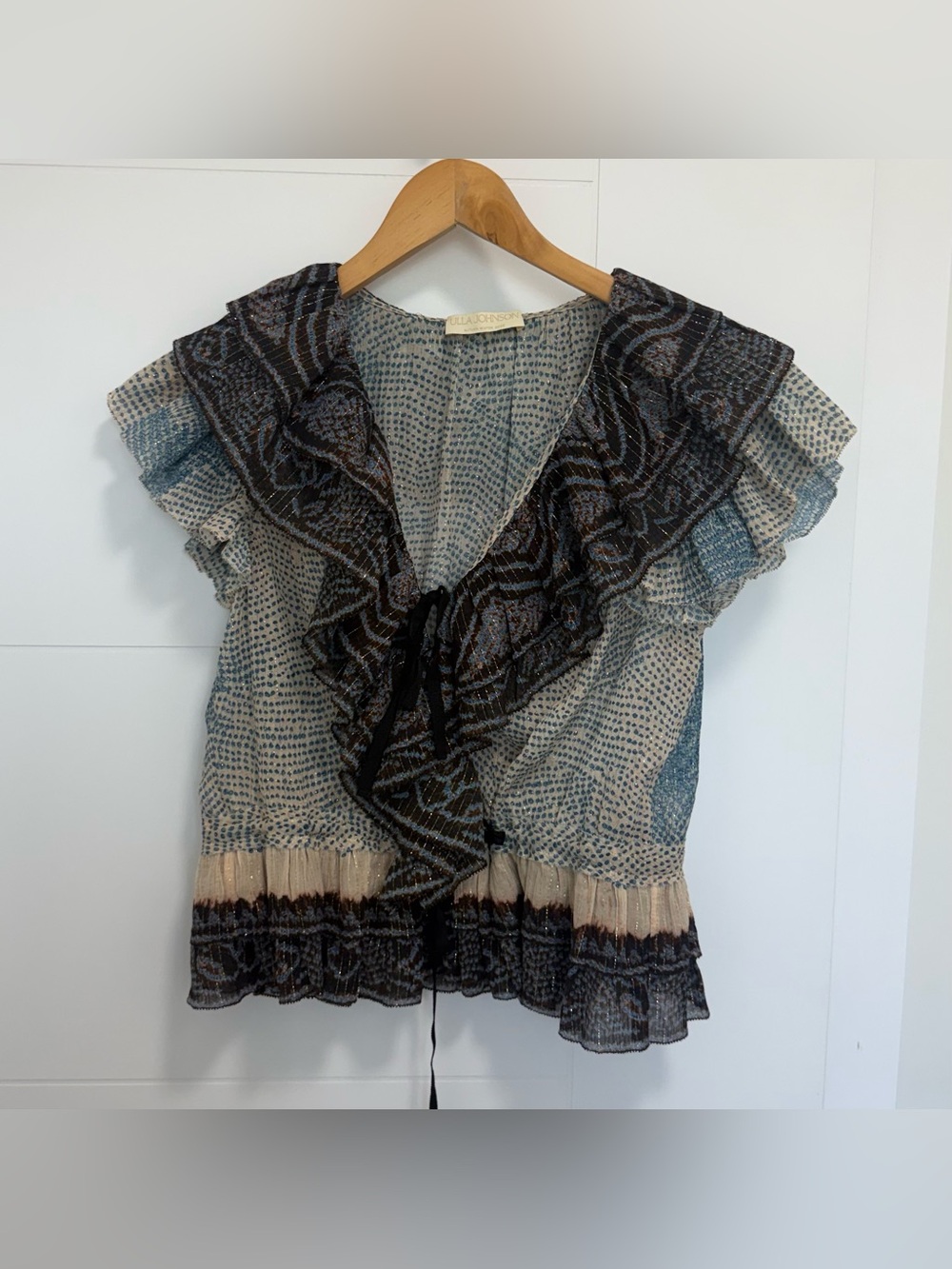Ulla Johnson Navy and Cream Ruffle Tie-Front Blouse